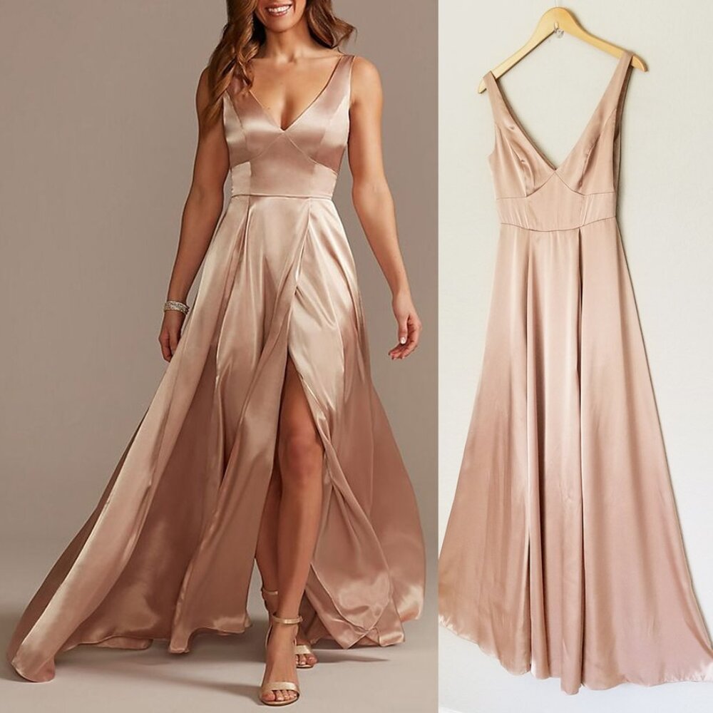 Galina Signature David’s Bridal Charmeuse Tank VNeck Gown Dress Slit Sand 2 $200